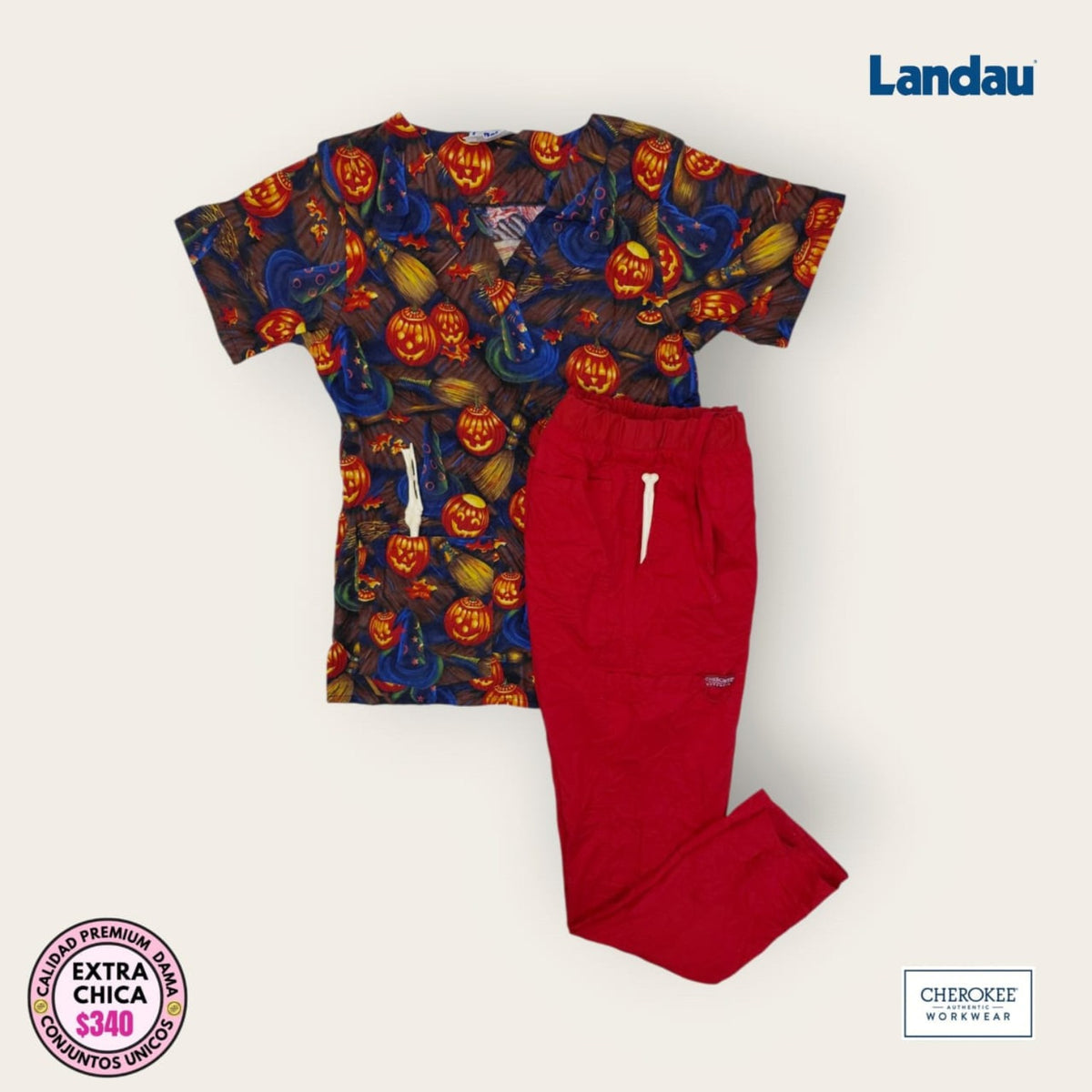 Conjunto médico Cherokee estampado multicolor con pantalón morado | Dama XS
