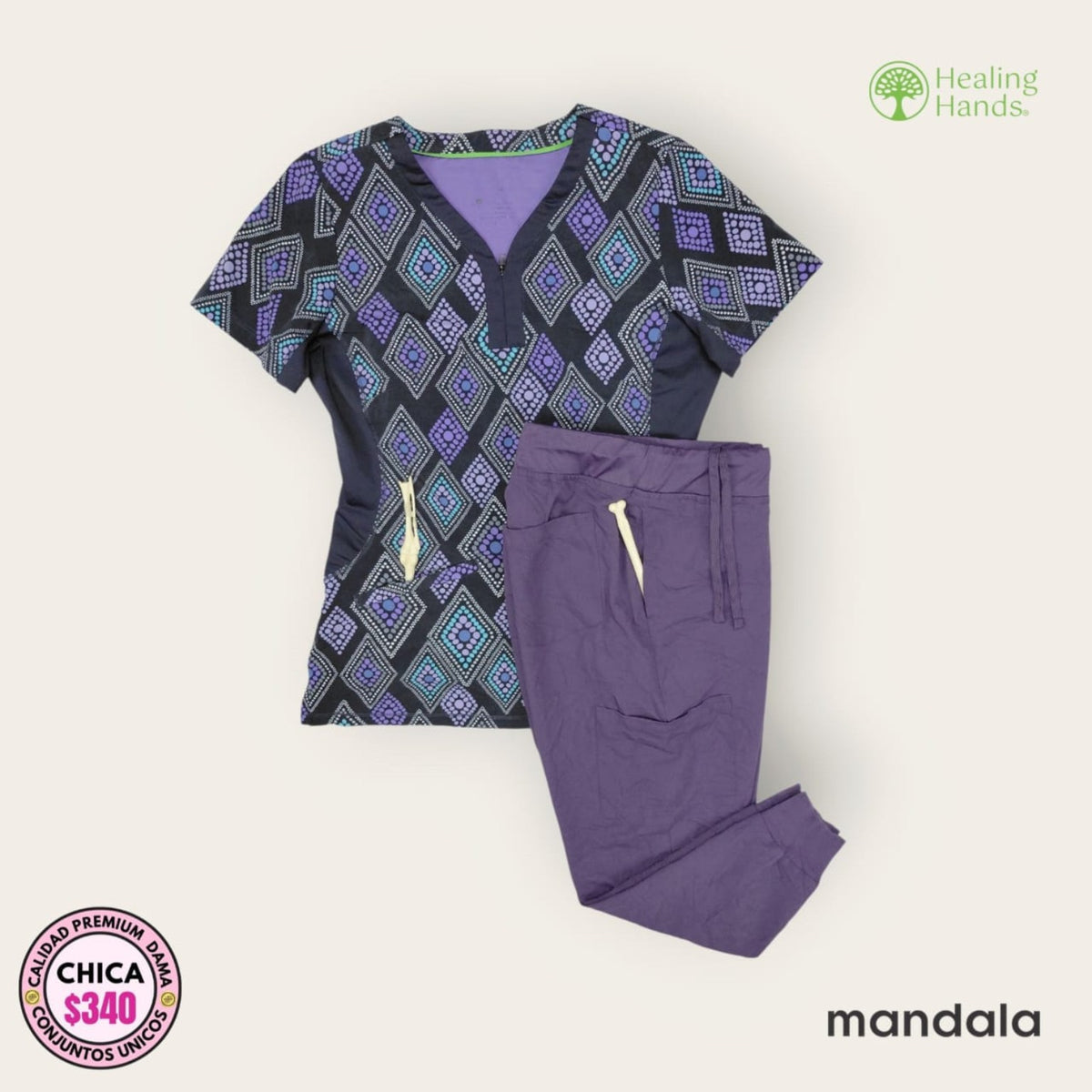 Conjunto médico Healing Hands Mandala estampado morado con pantalón lila | Dama Chica, uniforme médico premium talla Chica