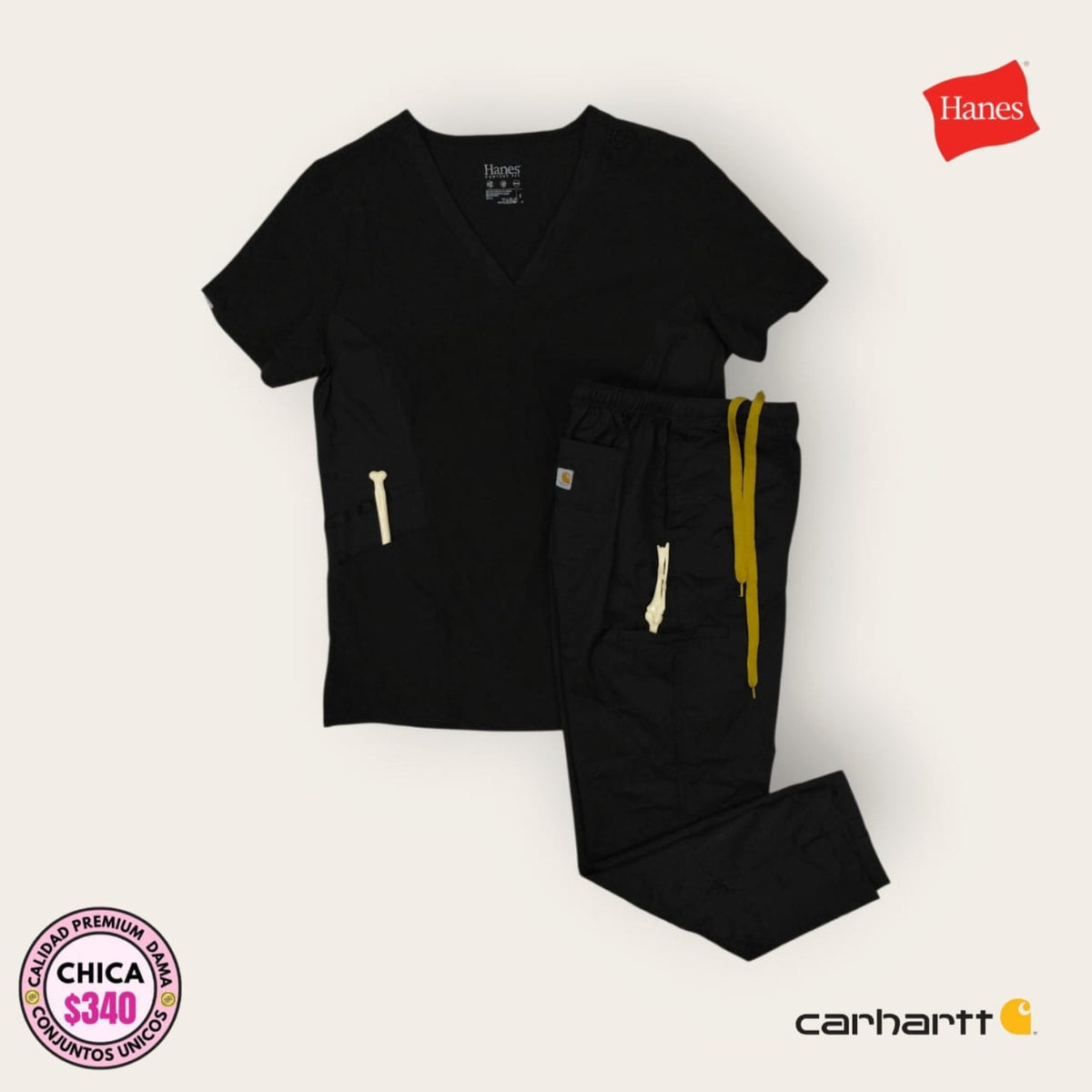 Conjunto médico Hanes negro con pantalón Carhartt negro | Dama Chica, uniforme médico premium talla Chica