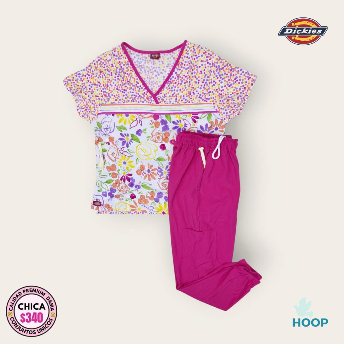 Conjunto médico Dickies floral multicolor con pantalón fucsia | Dama Chica, uniforme médico premium talla Chica