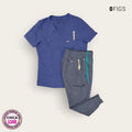 Conjunto médico FIGS azul lavanda con pantalón gris | Dama Chica, uniforme médico premium talla Chica