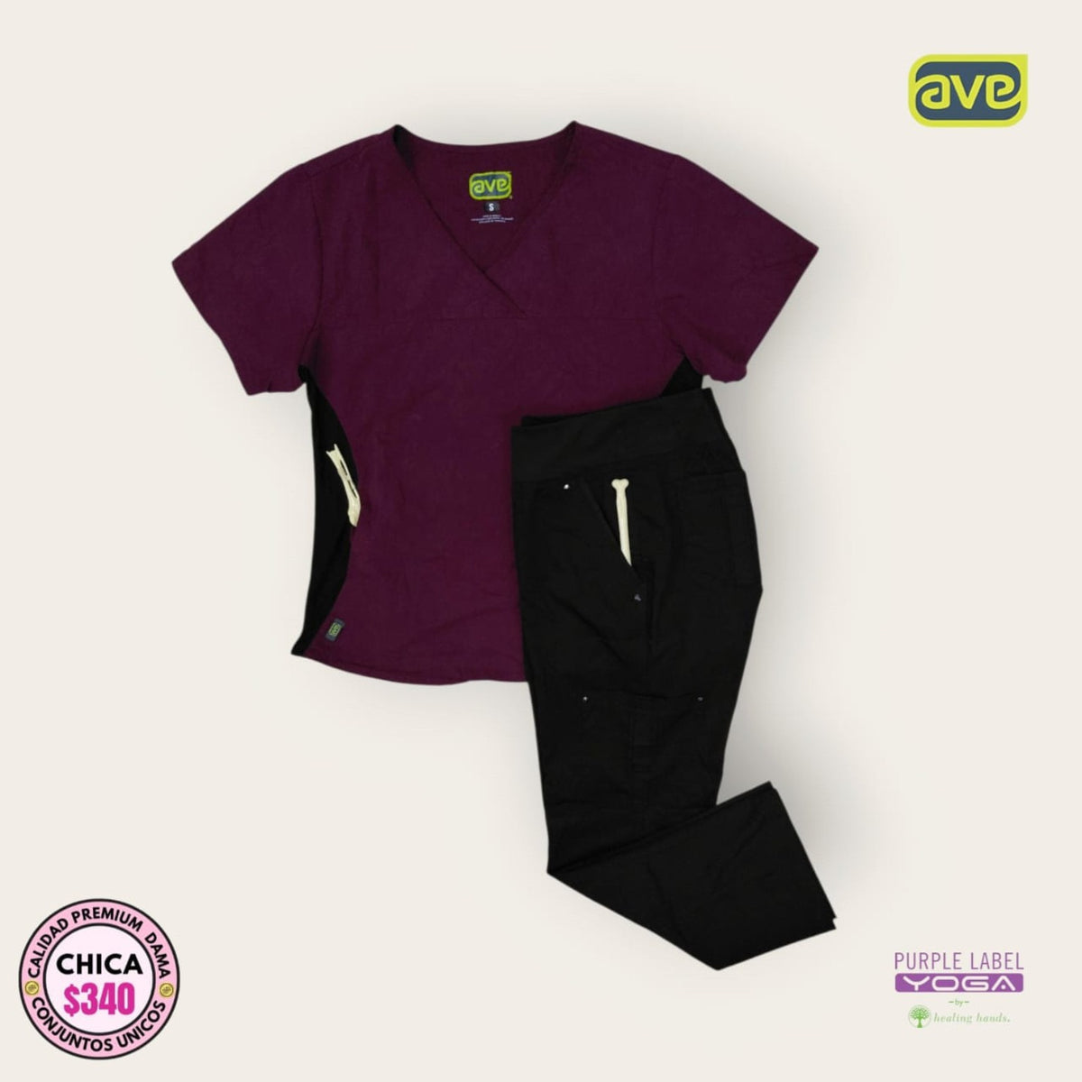 Conjunto médico AVE morado con pantalón negro Purple Label Yoga | Dama Chica, uniforme médico premium talla Chica
