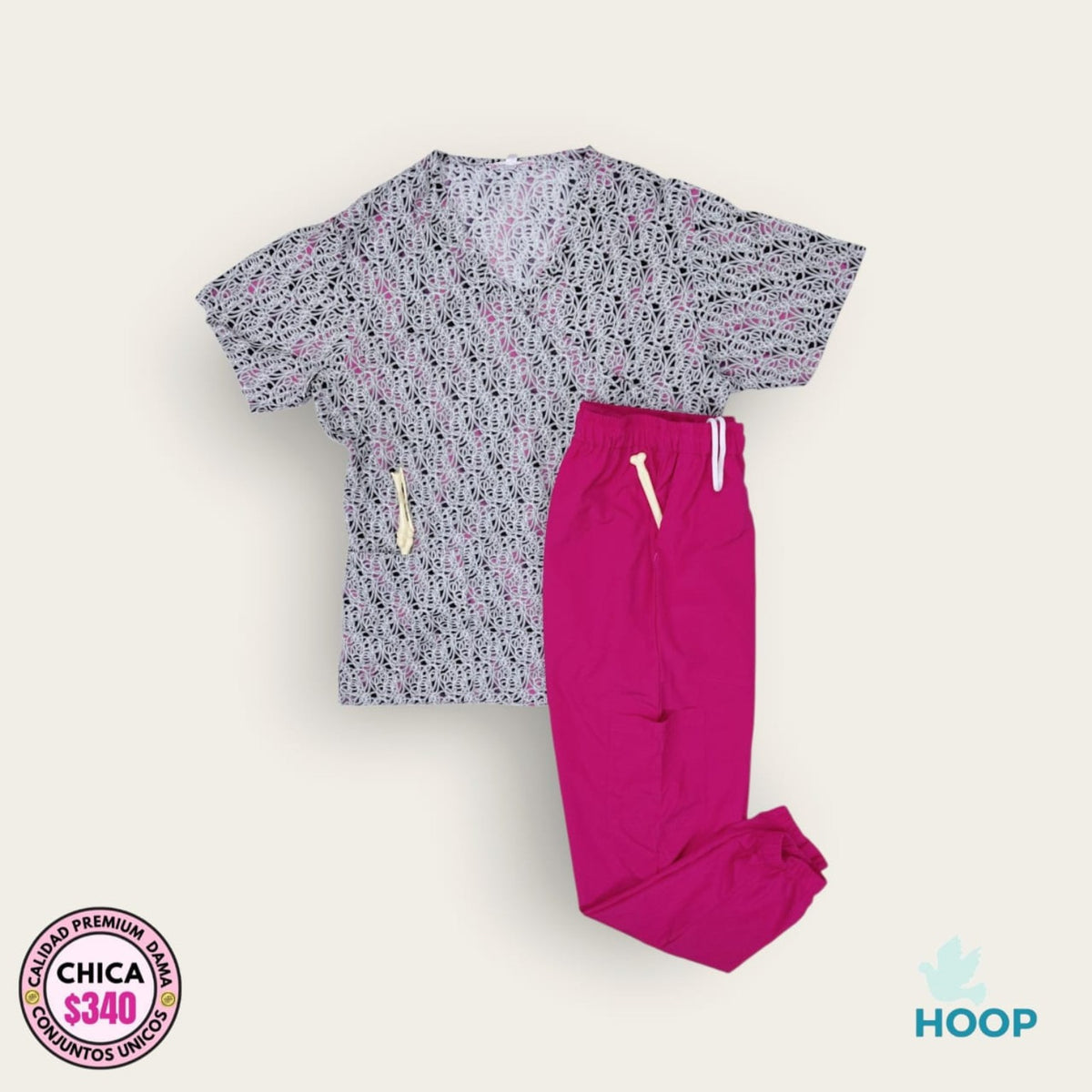 Conjunto médico estampado rosa, negro y blanco con pantalón fucsia | Dama Chica, uniforme médico premium talla Chica
