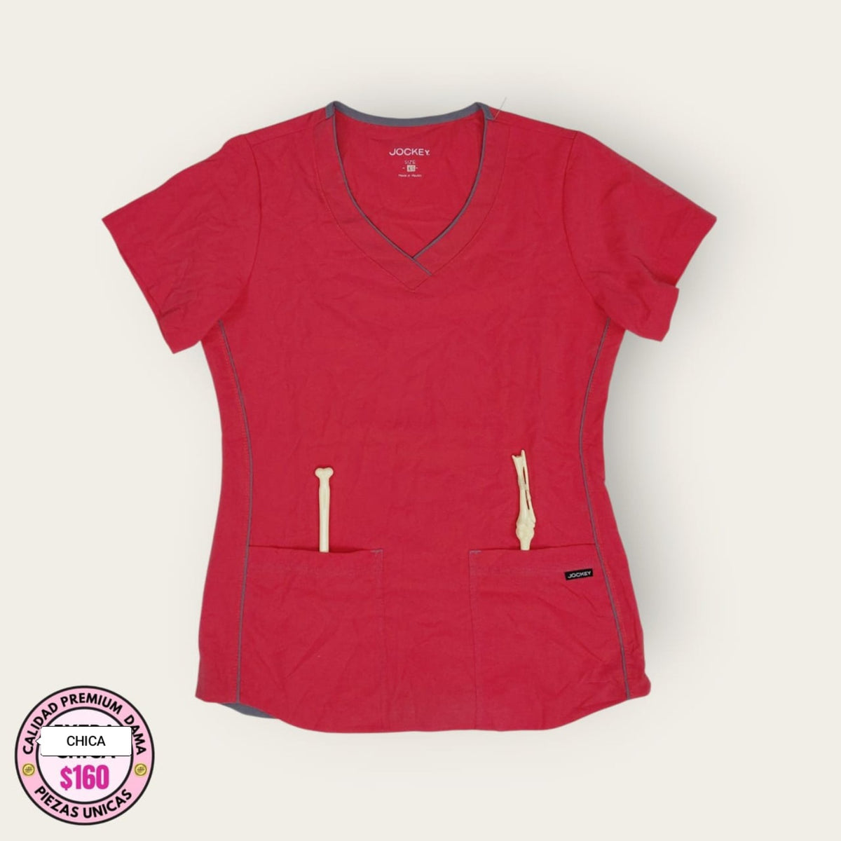 Filipina médica Jockey rojo cereza con vivos grises | Dama Chica, uniforme médico premium talla Chica