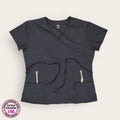 Filipina médica JDM gris cruzada con lazo, talla extragrande para dama, disponible en Uniformes MID.