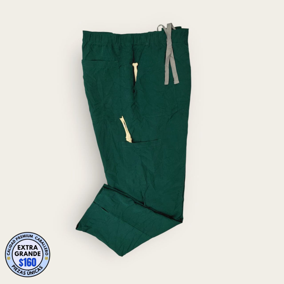Pantalón médico verde con cordón gris, talla extragrande para caballero, línea Premium de Uniformes MID.