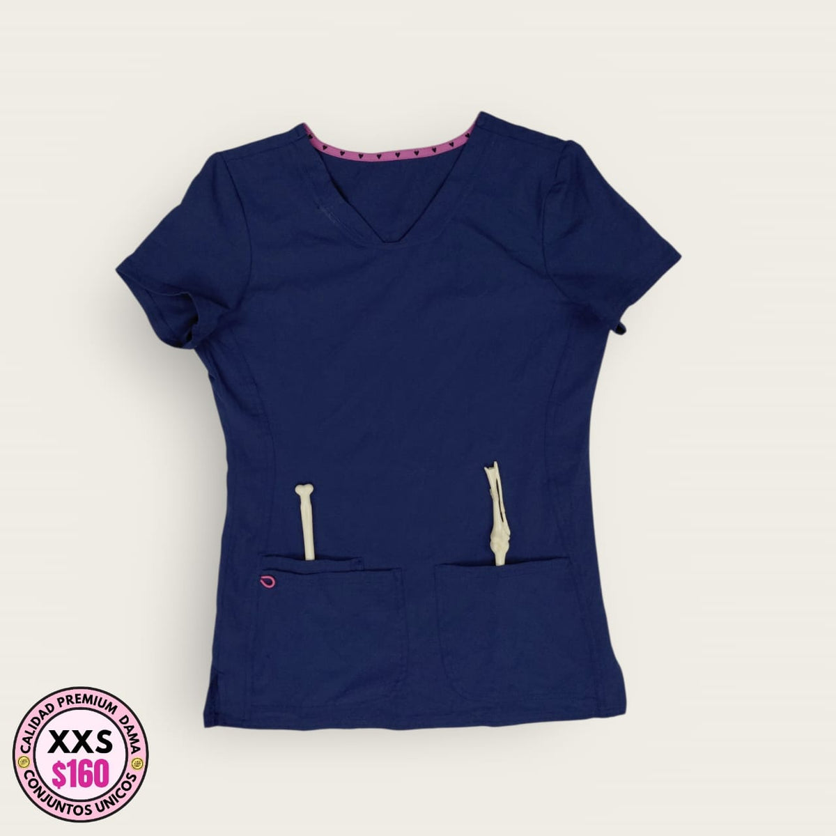 Filipina médica azul marino con detalle rosa para dama talla XXS premium