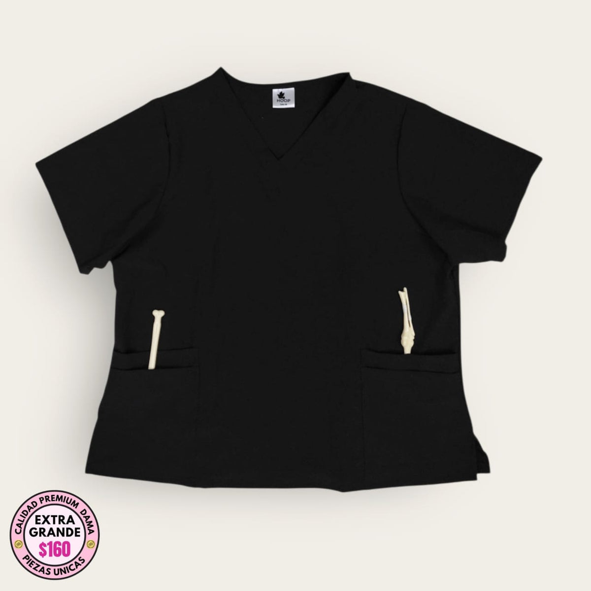 Filipina médica HOOP negra cuello V, talla extragrande para dama, disponible en Uniformes MID.