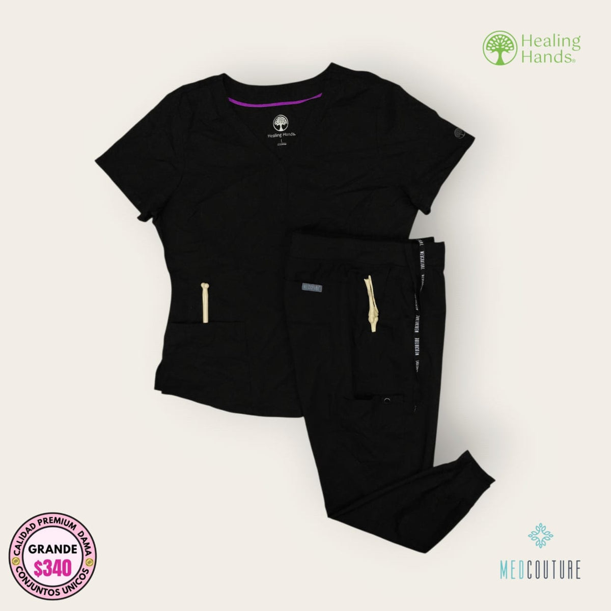 Conjunto médico Healing Hands negro con pantalón Med Couture | Dama L