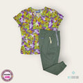 Conjunto médico estampado multicolor con pantalón verde salvia | Dama L