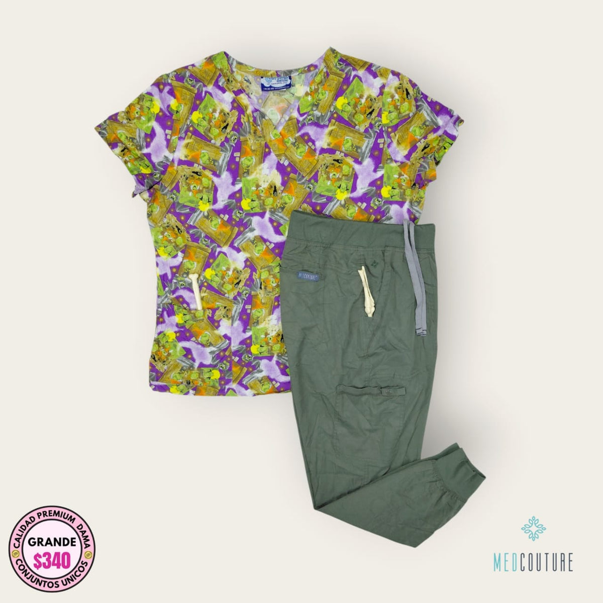 Conjunto médico estampado multicolor con pantalón verde salvia | Dama L