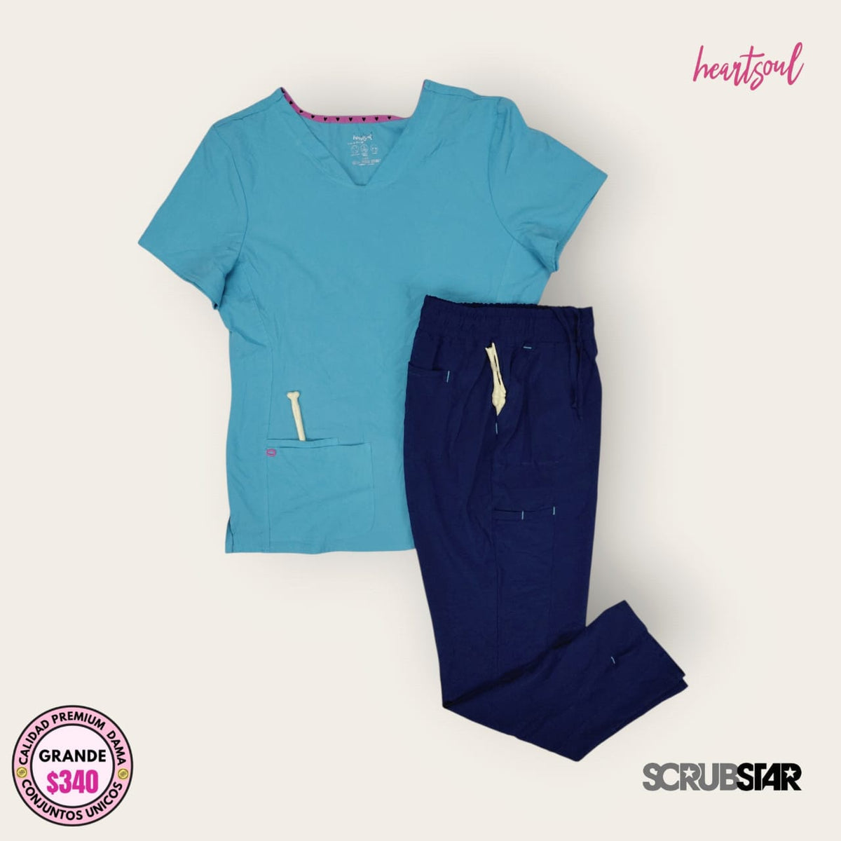 Conjunto médico HeartSoul turquesa con pantalón azul marino Scrubstar | Dama L