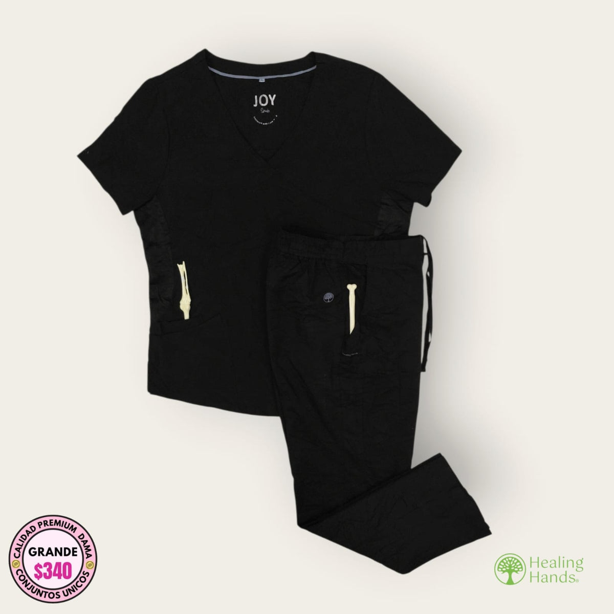 Conjunto médico JOY y Healing Hands negro, talla grande para dama, disponible en Uniformes MID.