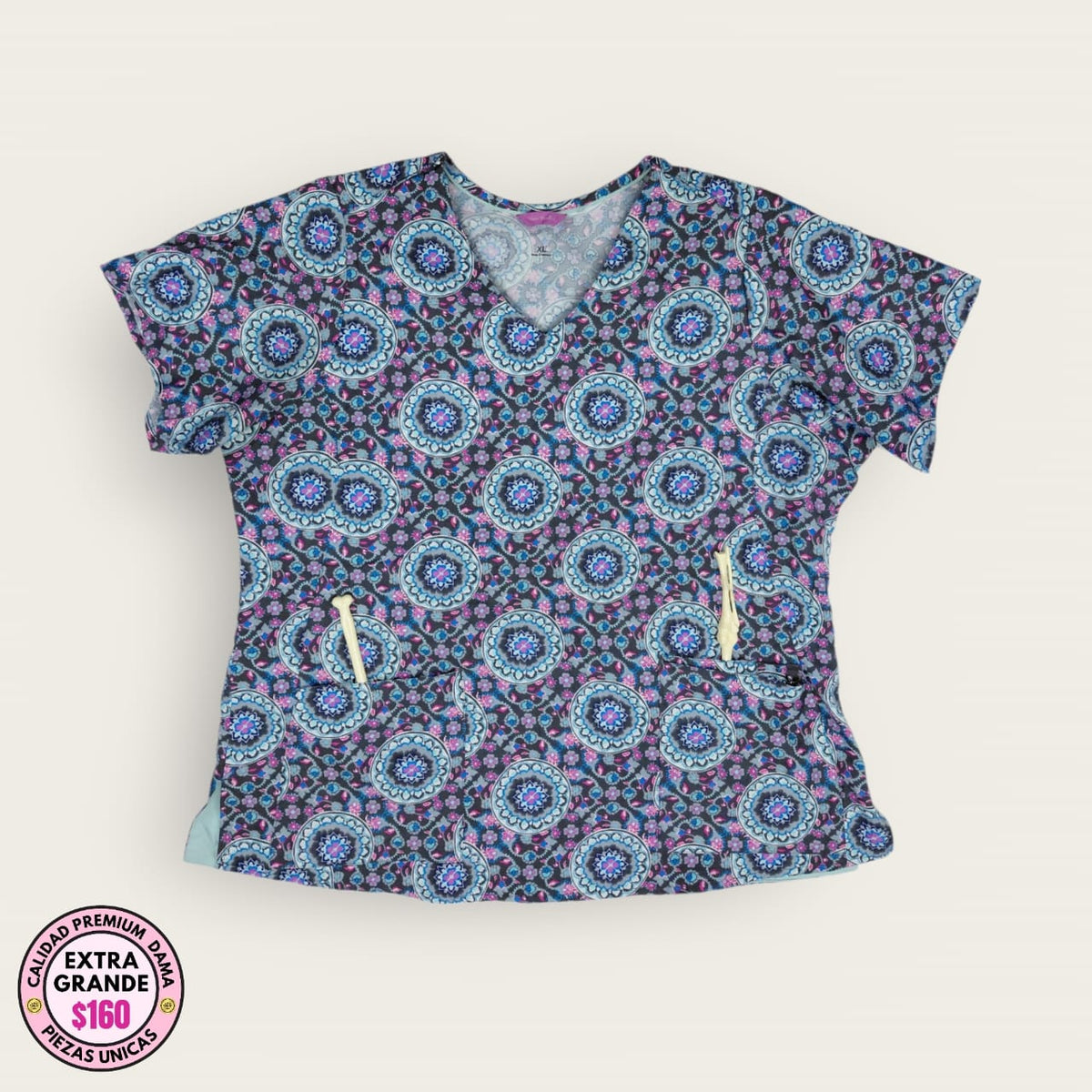 Filipina médica premium estampado paisley turquesa y morado (chemise) | XL