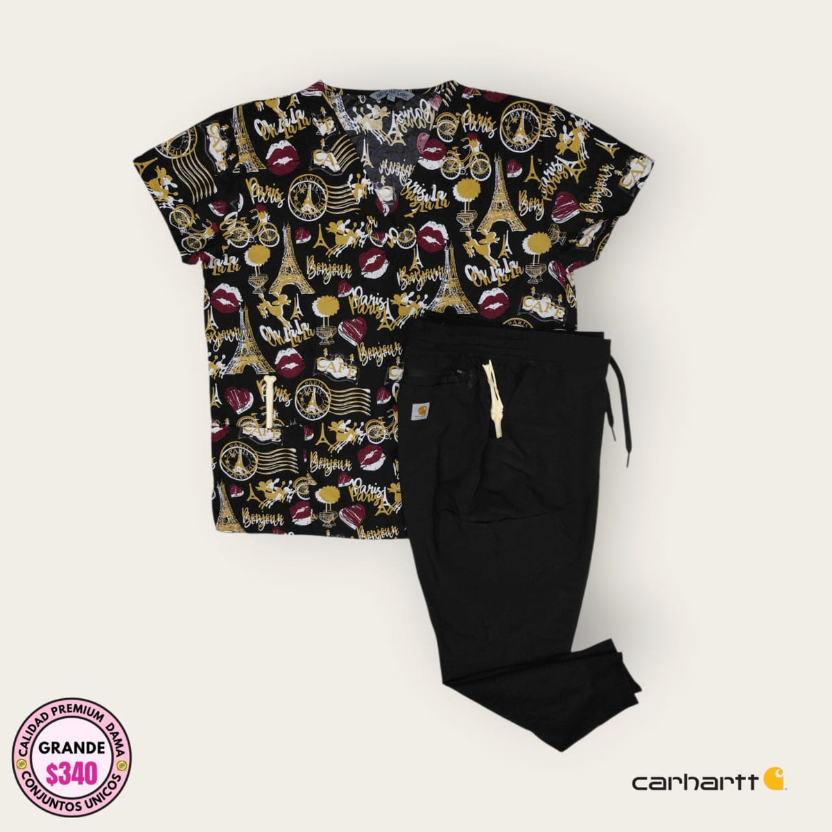 Conjunto médico premium MedCouture y Carhartt color negro multicolor para dama talla L