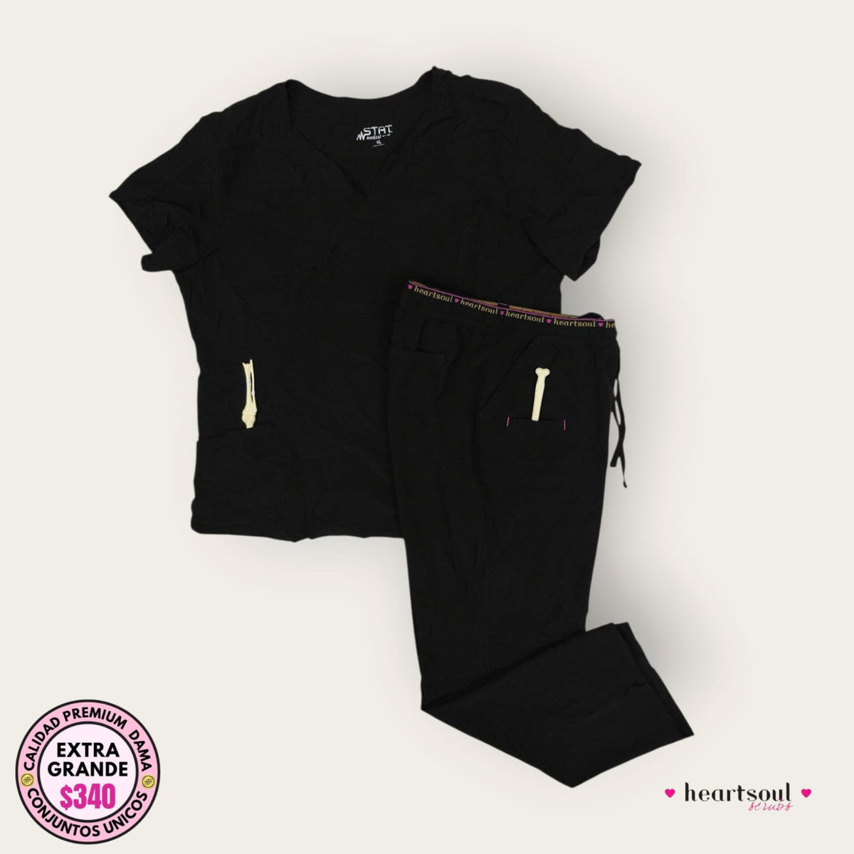 Conjunto médico mSTAT y HeartSoul negro, talla extragrande para dama, disponible en Uniformes MID.