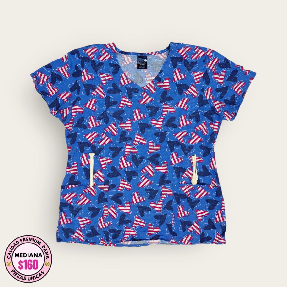 Filipina médica estampado patriótico azul y rosa para dama talla M
