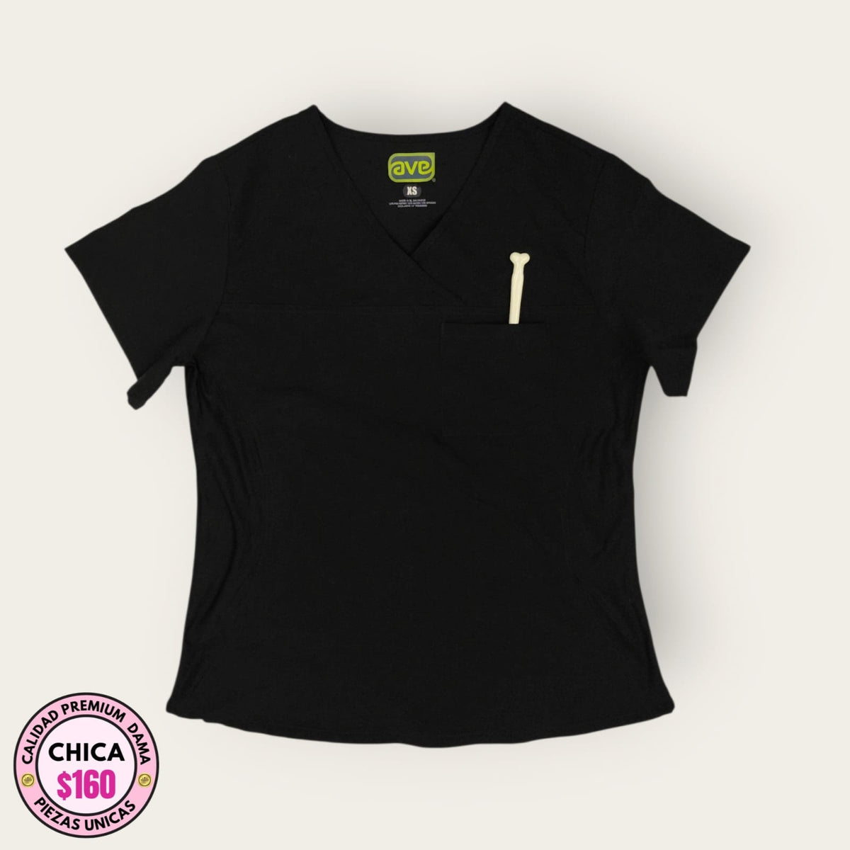 Filipina médica AVE negra cuello V, talla chica para dama, disponible en Uniformes MID.