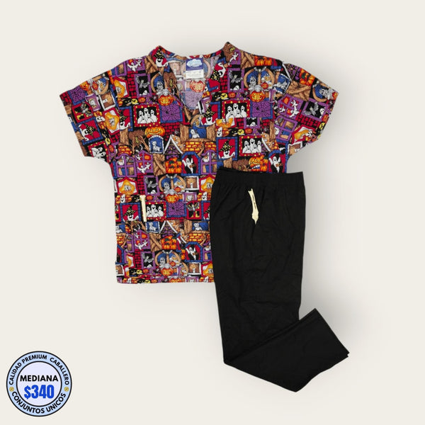 Conjunto médico estampado multicolor con pantalón negro | Caballero M
