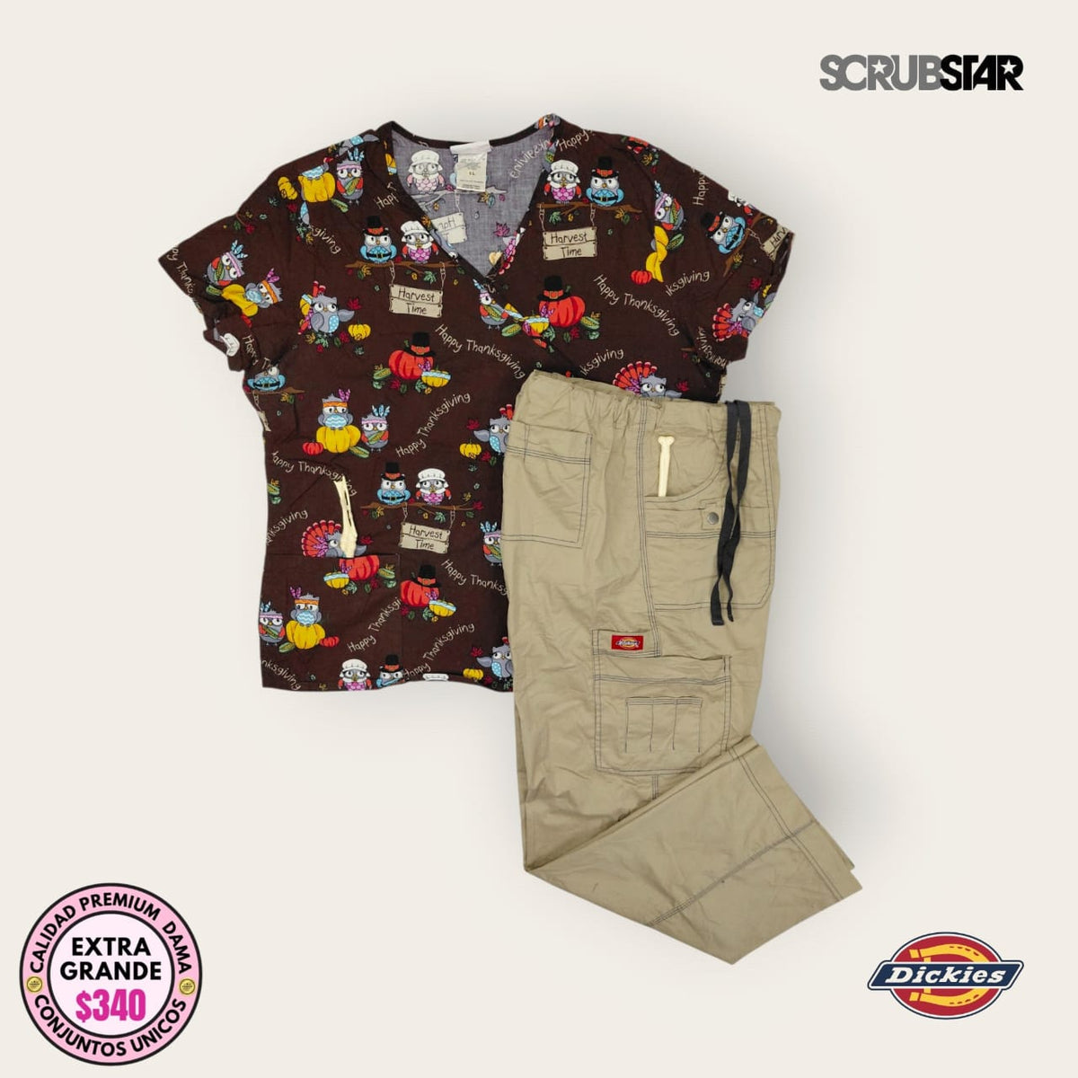 Conjunto médico Scrubstar estampado café con pantalón beige Dickies | Dama XL