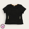 Filipina médica negra con detalle naranja, talla grande para dama, disponible en Uniformes MID.