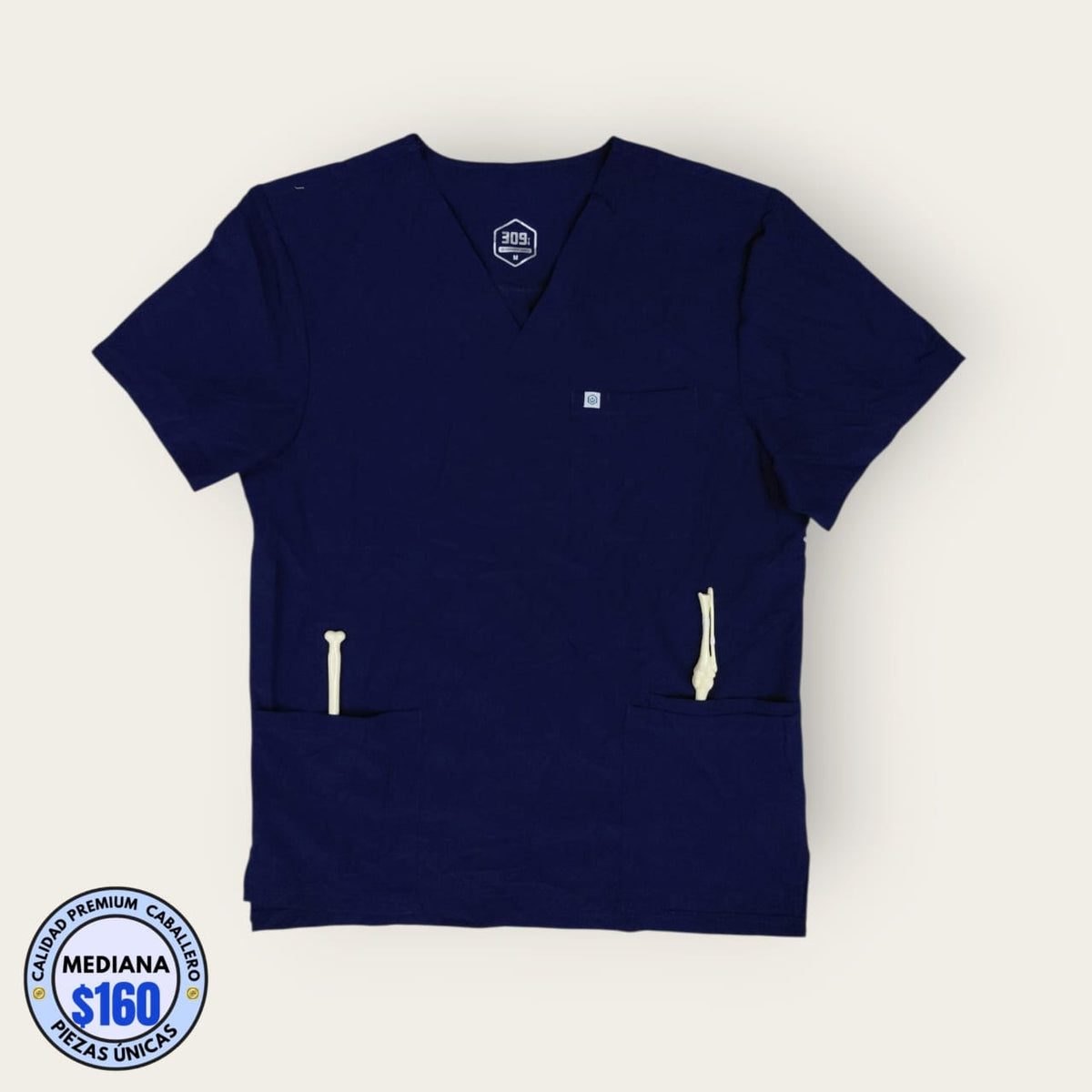 Filipina médica 309 azul marino con bolsillos, talla mediana para caballero, línea Premium de Uniformes MID.