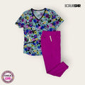 Conjunto médico premium color multicolor y fucsia para dama talla S
