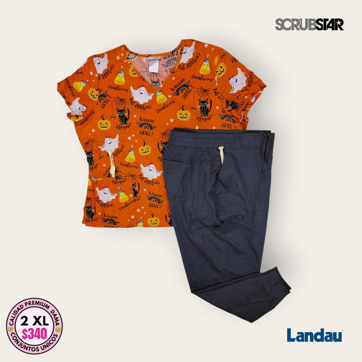 Conjunto médico Scrubstar Halloween naranja con pantalón Landau gris | Dama 2XL