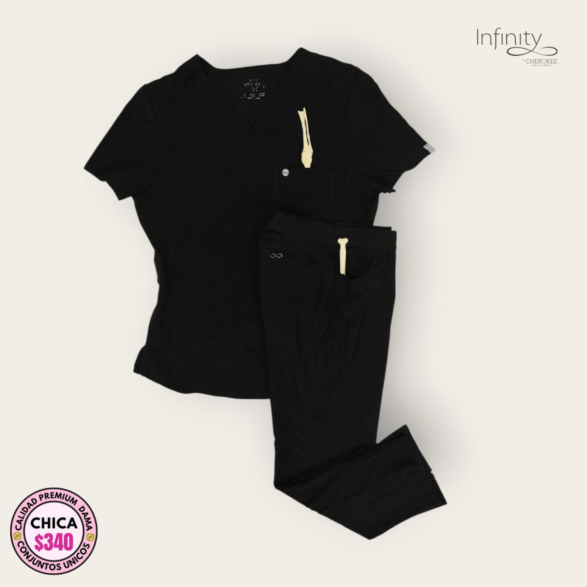 Conjunto médico Cherokee Infinity negro, talla chica para dama, disponible en Uniformes MID.