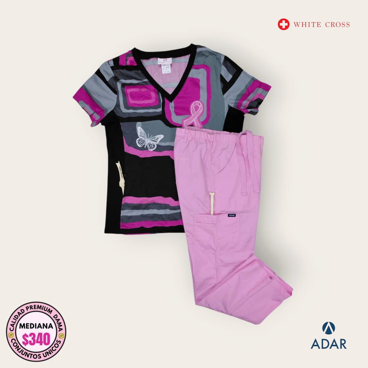 Conjunto médico White Cross estampado con pantalón ADAR lavanda dama talla M