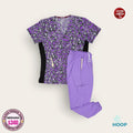 Conjunto médico estampado morado con pantalón lavanda HOOP dama talla M