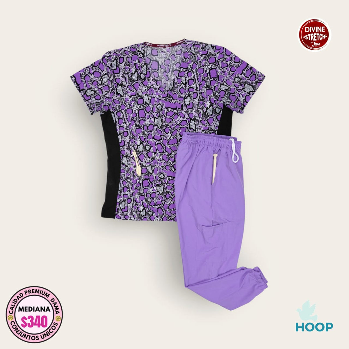 Conjunto médico estampado morado con pantalón lavanda HOOP dama talla M