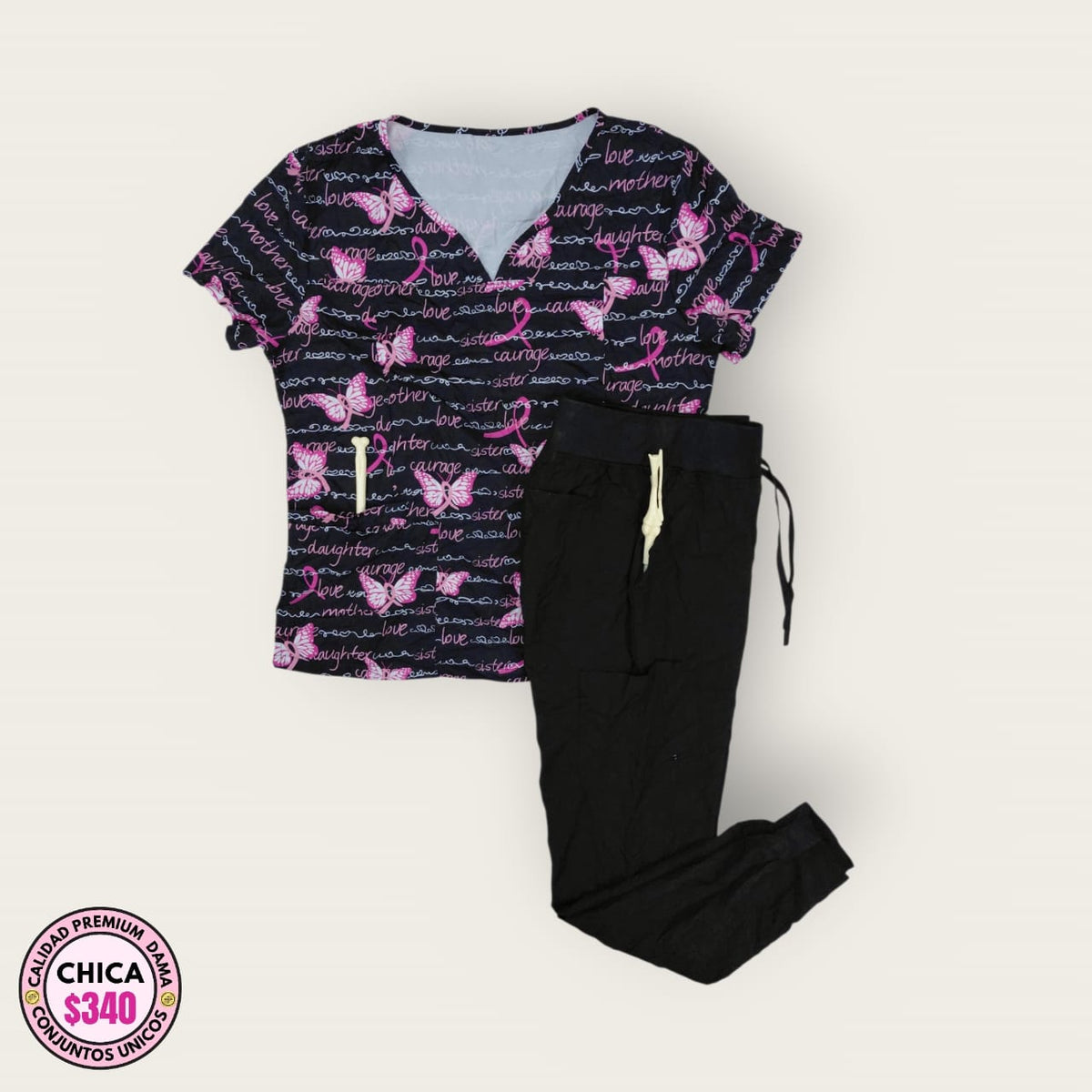 Conjunto médico premium estampado rosa y negro con pantalón negro | Dama S