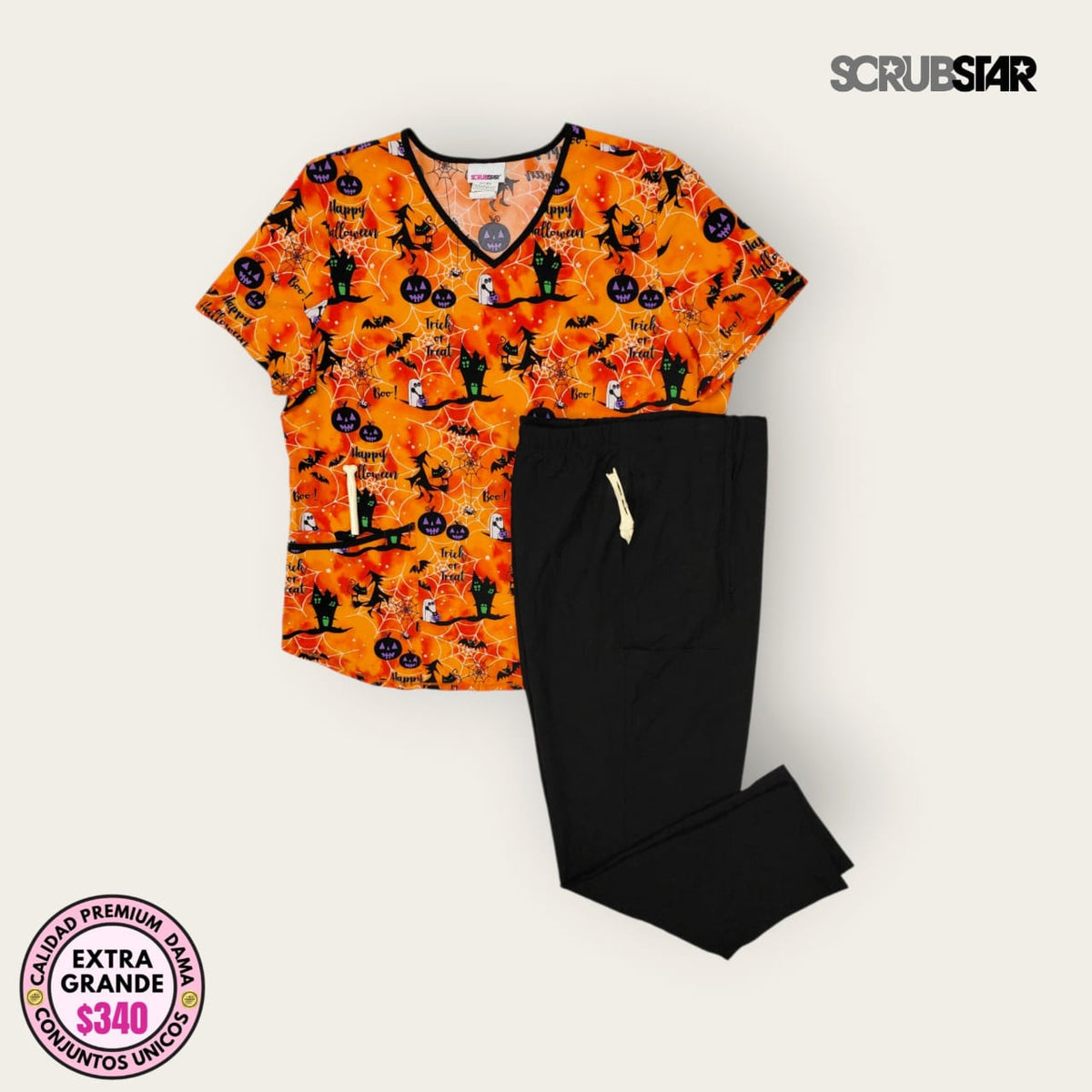 Conjunto médico Scrubstar Halloween naranja con pantalón negro | Dama XL