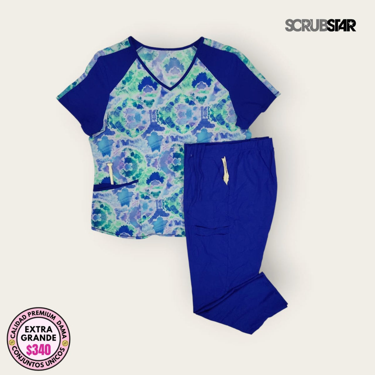 Conjunto médico Scrubstar turquesa con pantalón azul rey | Dama XL