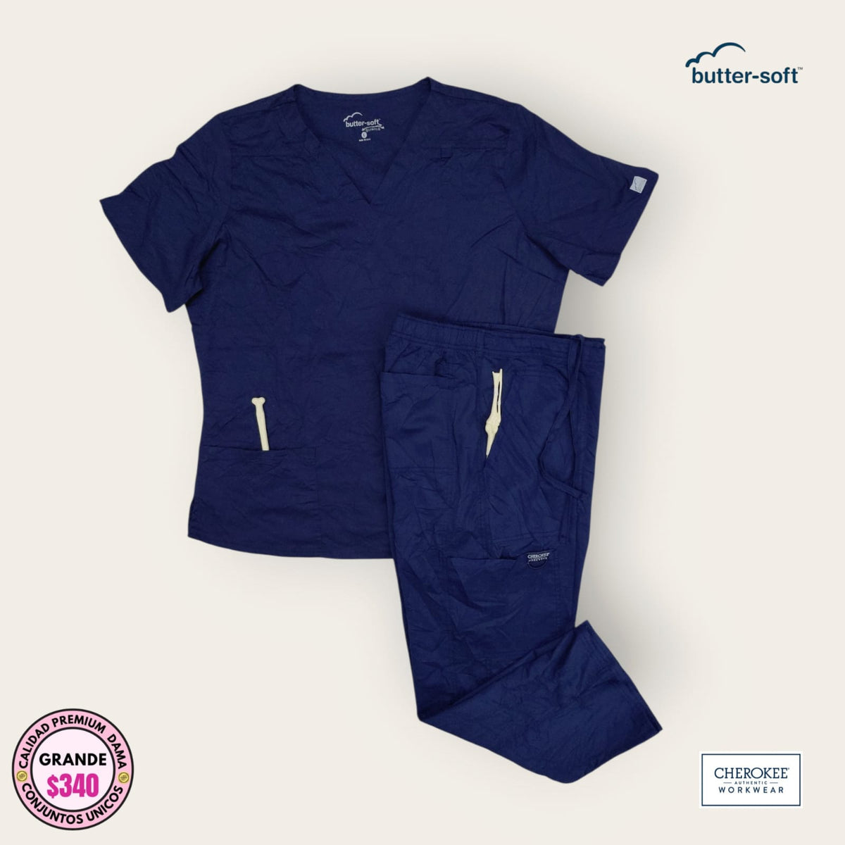 Conjunto médico Butter-Soft y Cherokee azul marino, talla grande para dama, disponible en Uniformes MID.