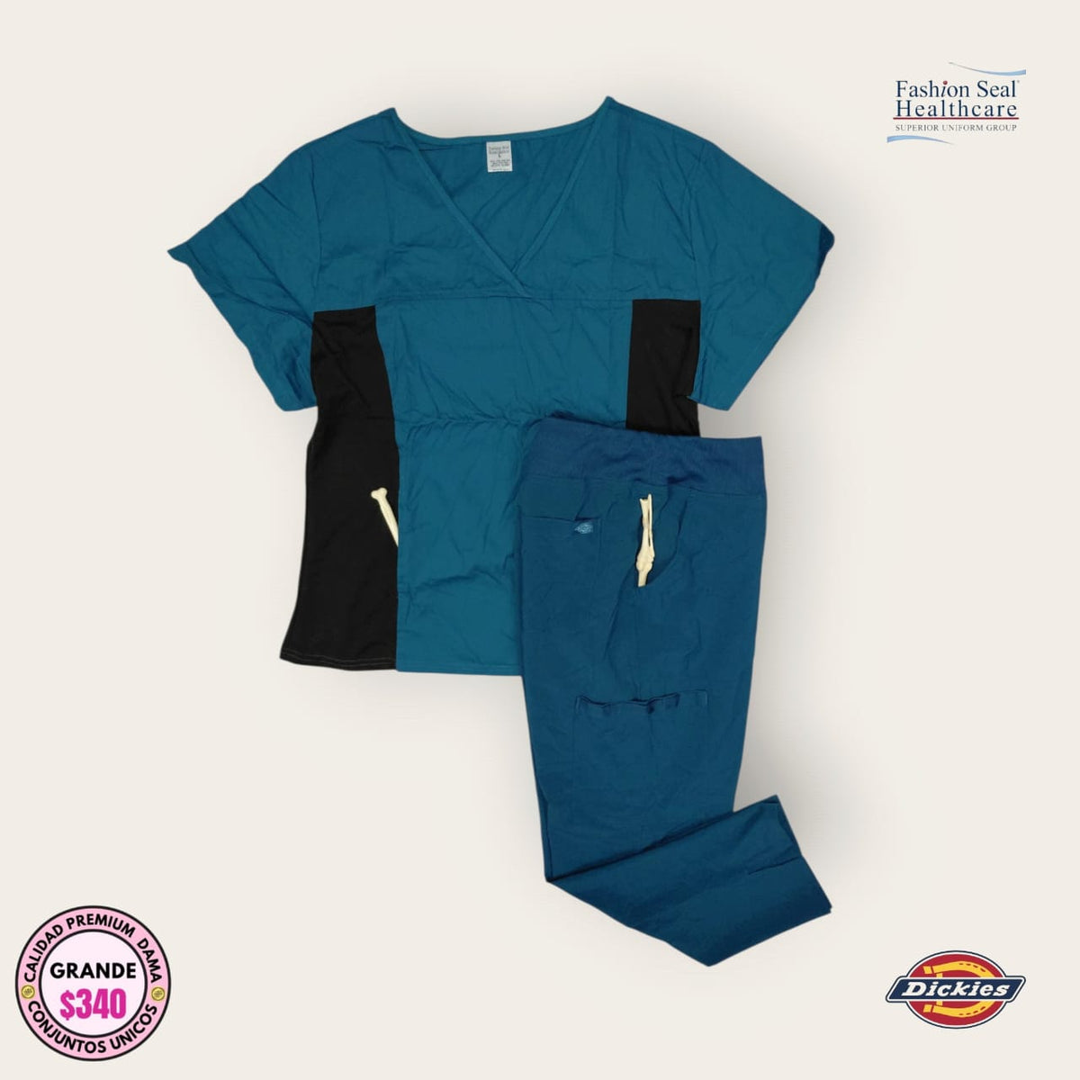 Conjunto médico premium Fashion Seal y Dickies color azul petróleo y negro para dama talla L