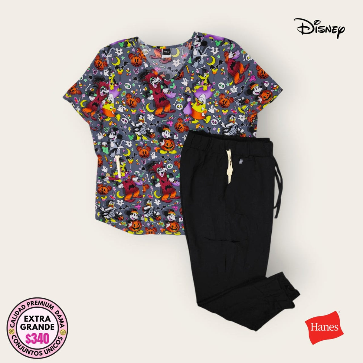 Conjunto médico Disney gris con pantalón negro Hanes | Dama XL