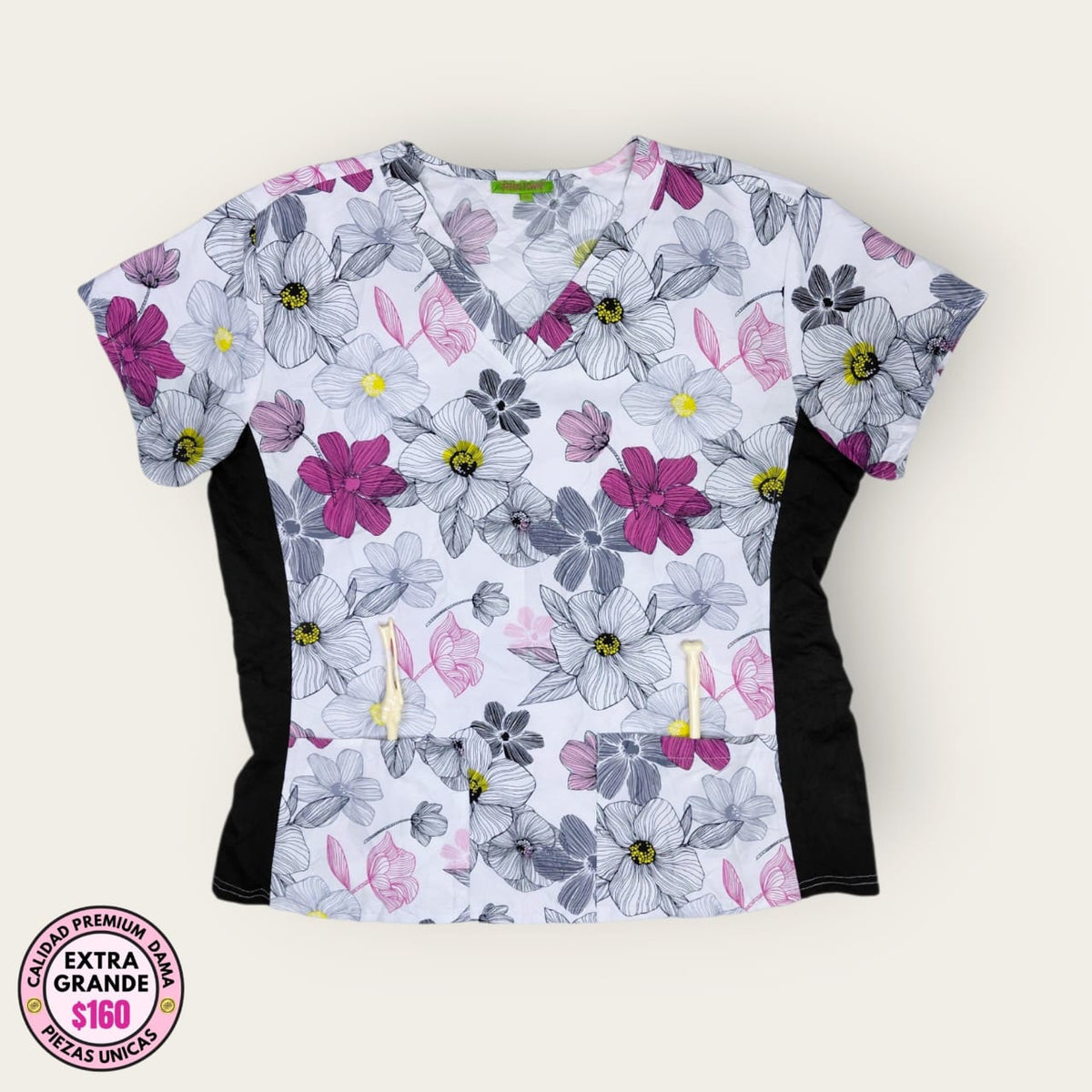 Filipina médica floral rosa y gris, talla extragrande para dama, disponible en Uniformes MID.