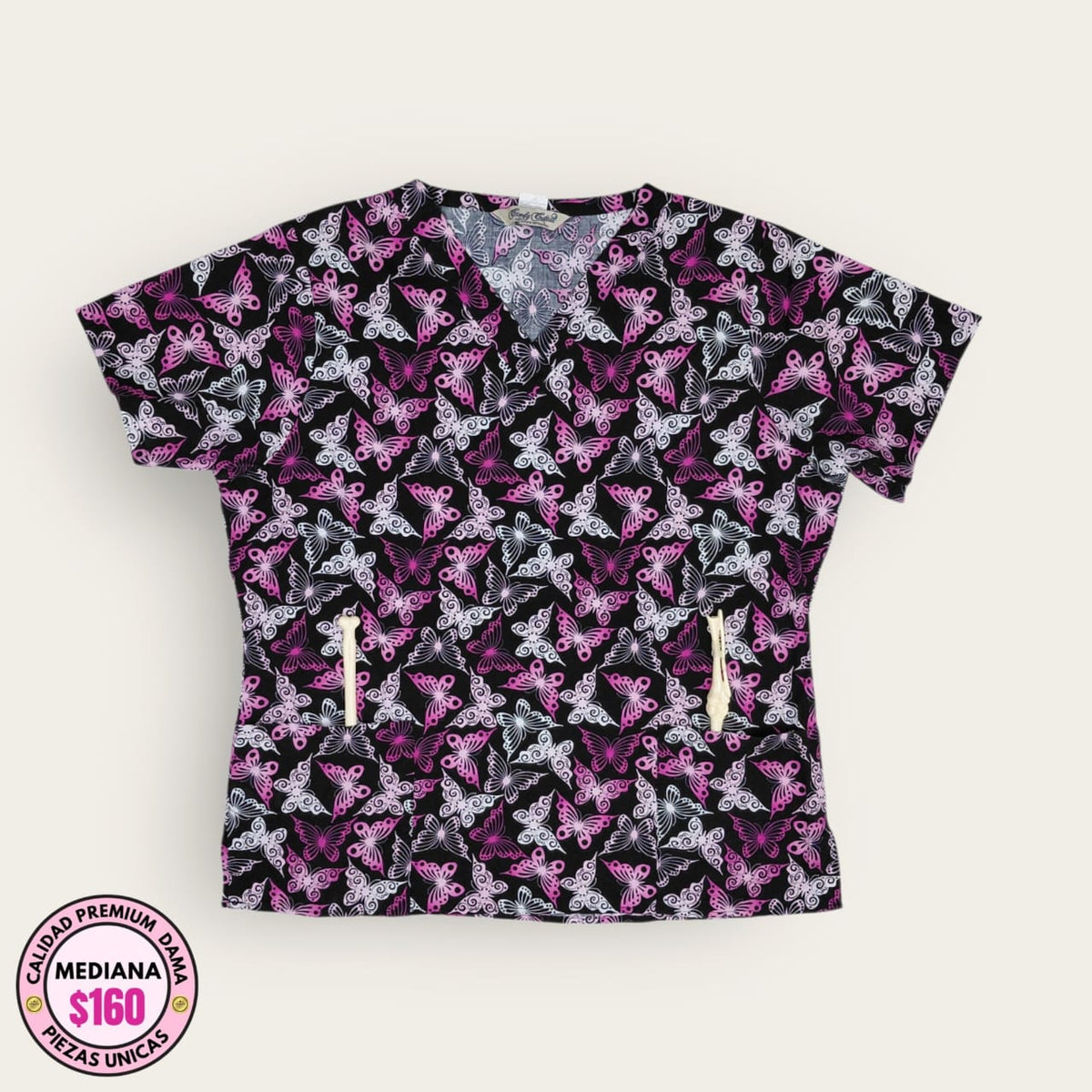 Filipina médica estampado mariposas rosa y negro para dama talla M