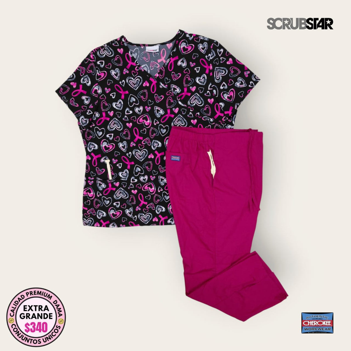 Conjunto médico Scrubstar negro y rosa con pantalón fucsia Cherokee | Dama XL