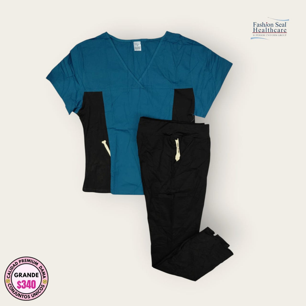 Conjunto médico premium Fashion Seal Healthcare color azul petróleo y negro para dama talla L