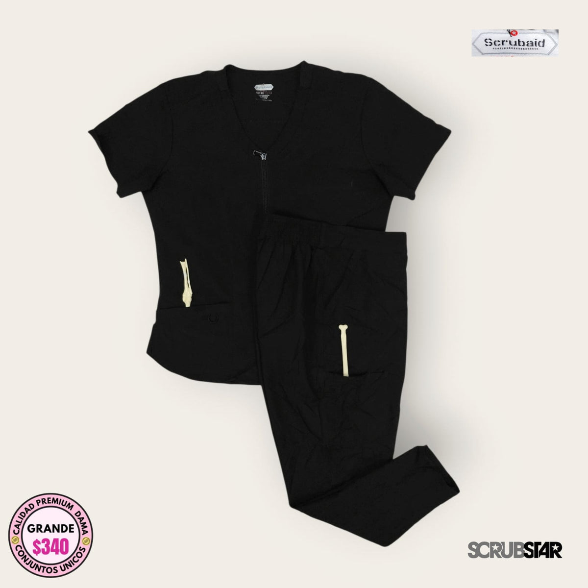 Conjunto médico Scrubaid y Scrubstar negro, talla grande para dama, disponible en Uniformes MID.