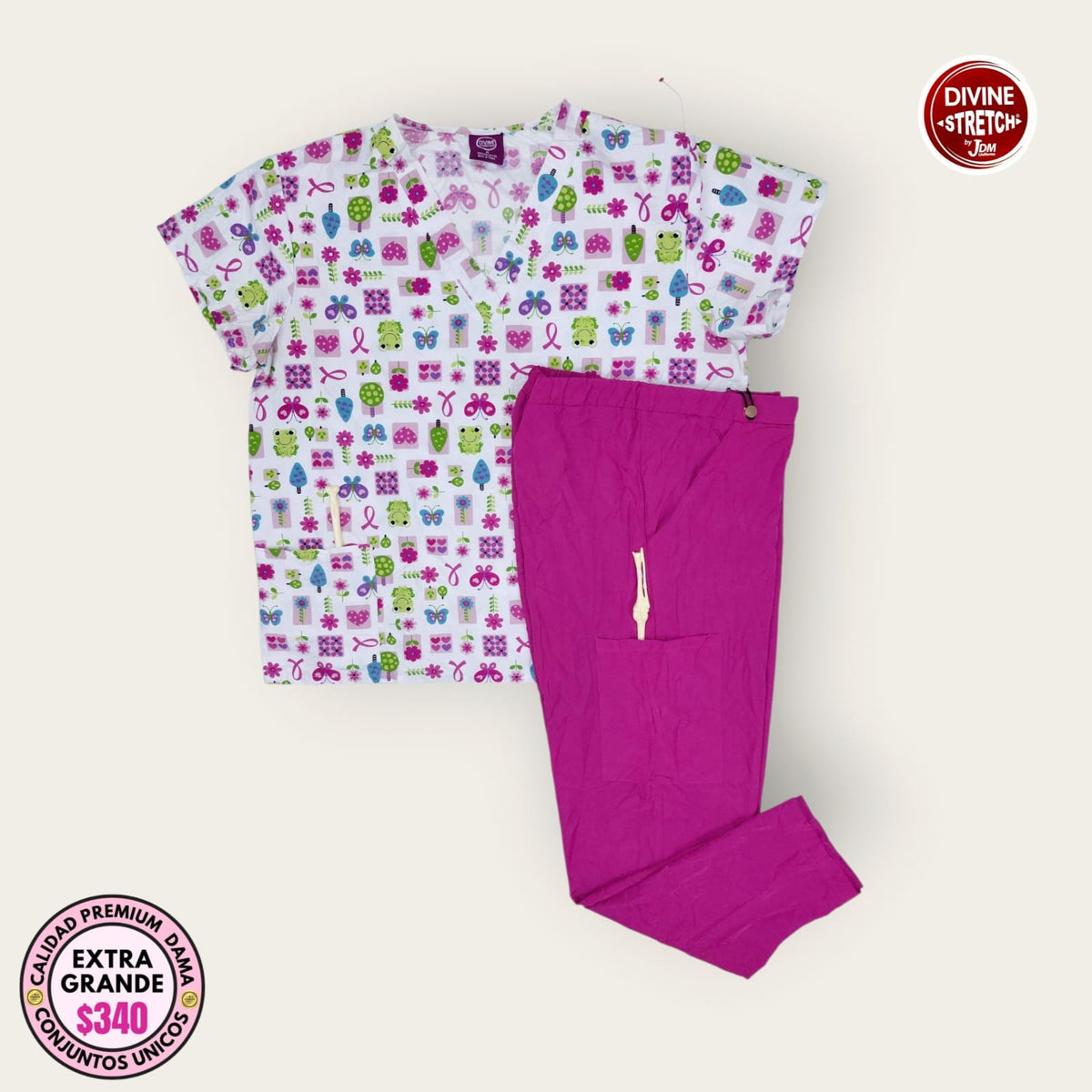 Conjunto médico Divine Stretch estampado y fucsia, talla extragrande para dama, disponible en Uniformes MID.
