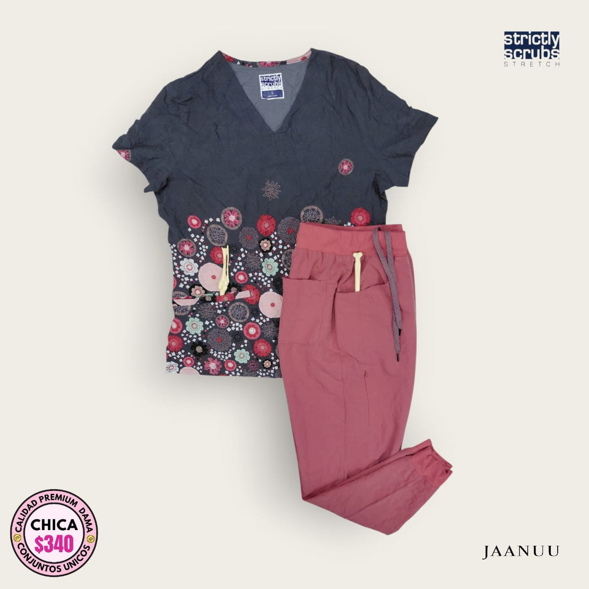 Conjunto médico Jaanuu estampado gris con pantalón rosa | Dama S