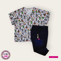 Conjunto médico estampado de personajes con pantalón azul marino | Dama 3XL