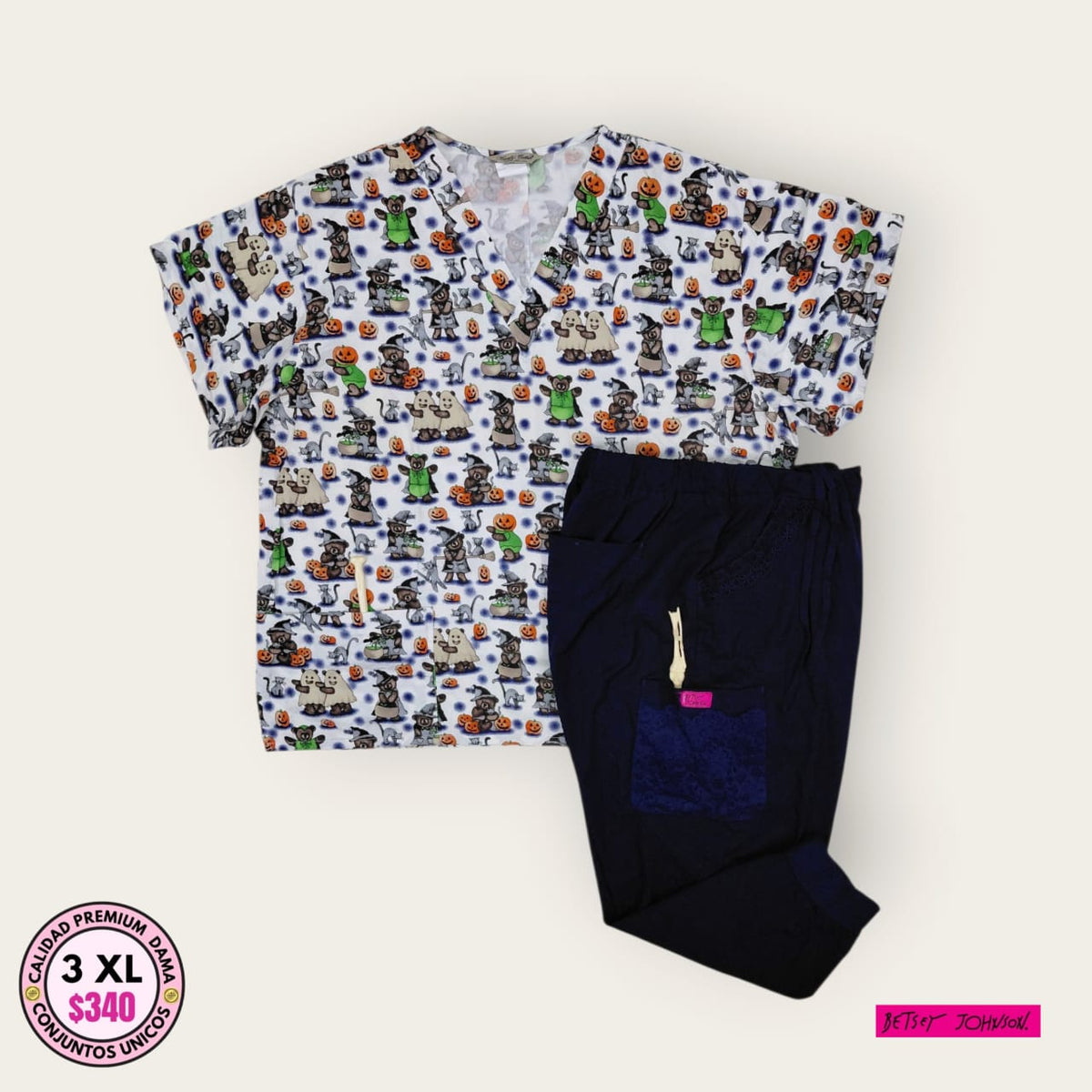Conjunto médico estampado de personajes con pantalón azul marino | Dama 3XL