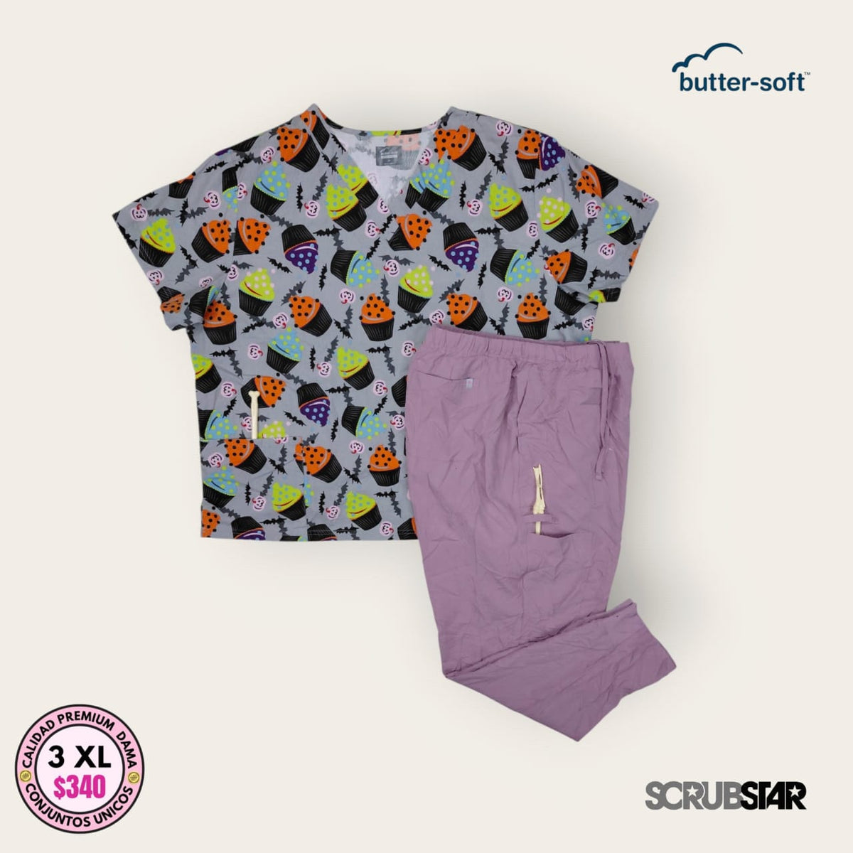 Conjunto médico Butter-Soft estampado gris con pantalón lavanda Scrubstar | Dama 3XL