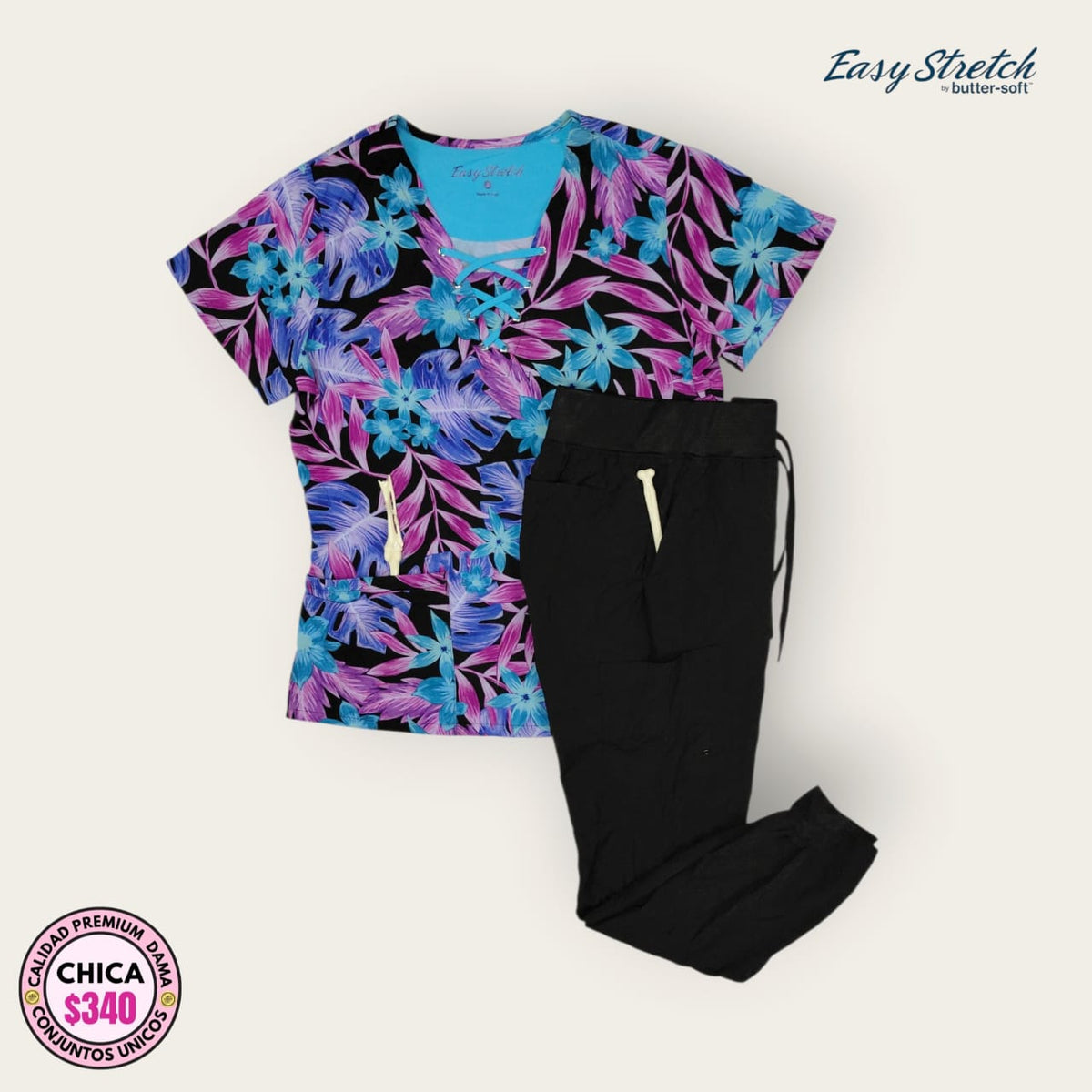 Conjunto médico premium color multicolor y negro para dama talla S