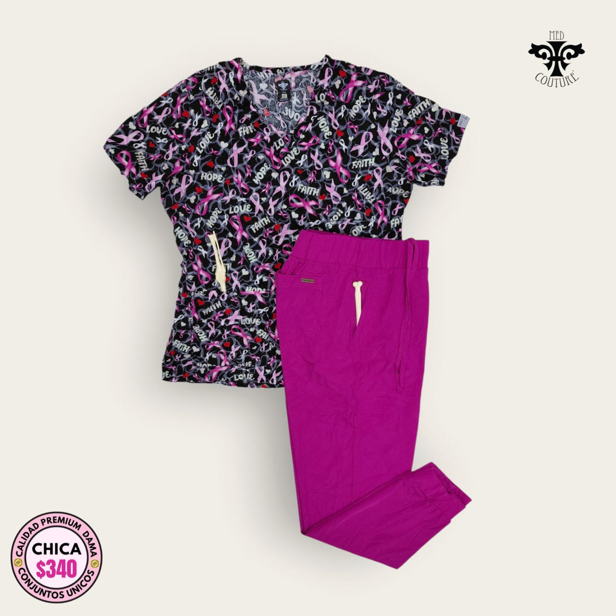 Conjunto médico MedCouture lazos rosas y fucsia, talla chica para dama, disponible en Uniformes MID.
